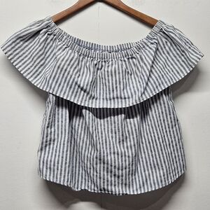 Papaya Striped Off-Shoulder Top Large Blue and White Crop Blouse Romantic Boho